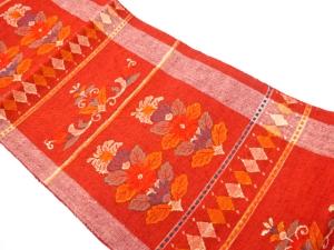 手織り真綿紬横段に菱・草花模様織出し名古屋帯